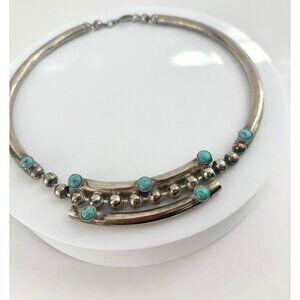 Vintage Pewter Silver Tone & Turquoise Colored Adorned Necklace